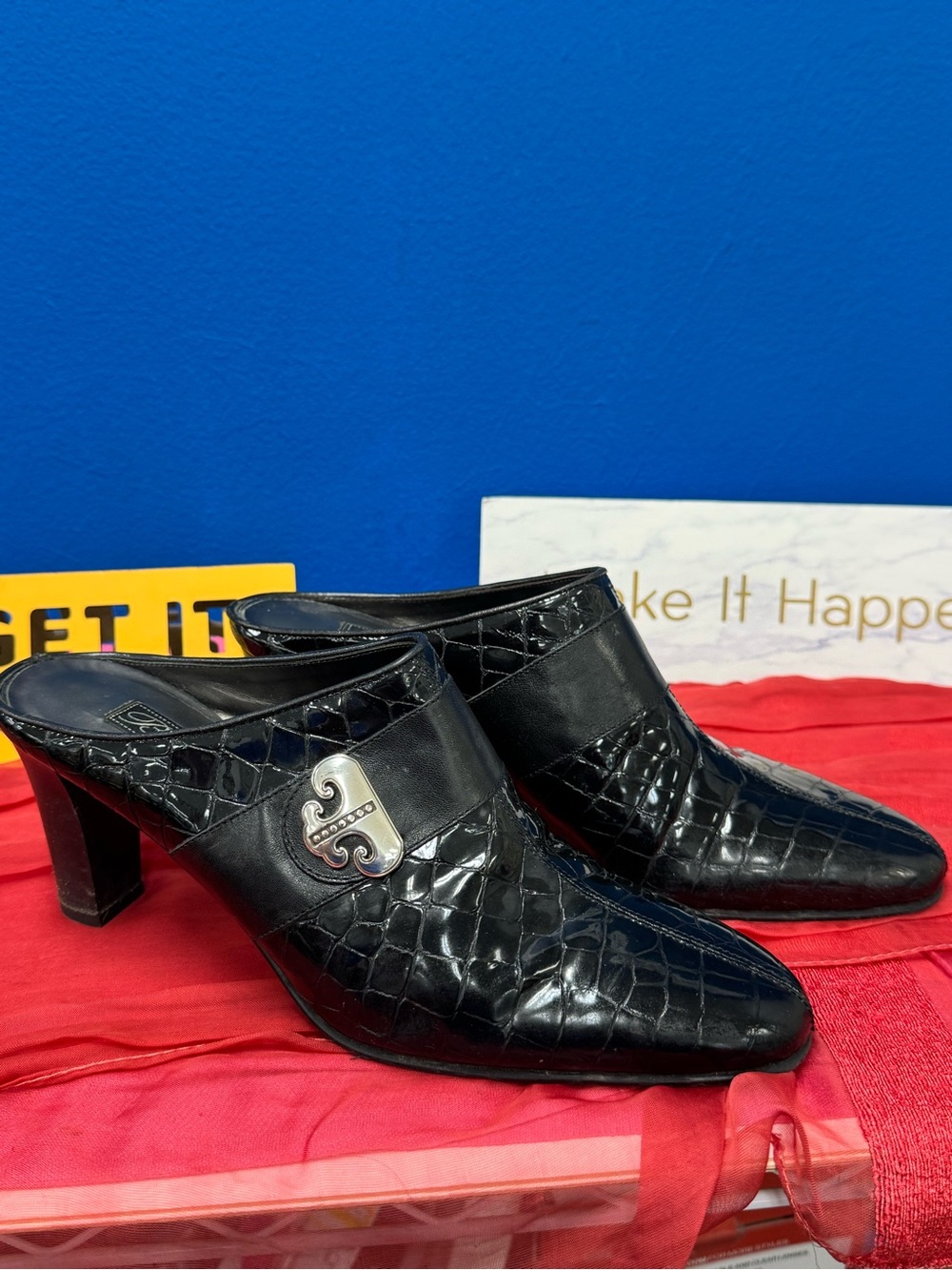 Brighton Black Croc-Embossed Slip-On Heeled Mules